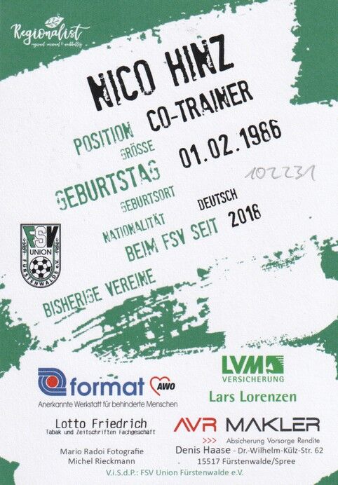 Autogramm Fussball | FSV Union Fürstenwalde | 2019 | Nico HINZ