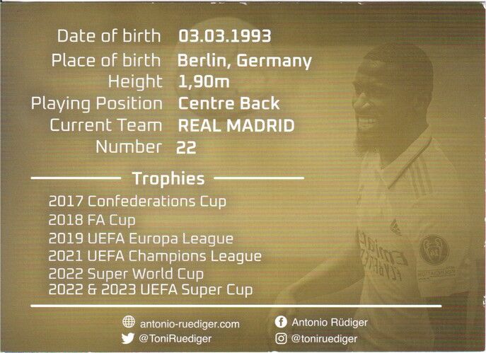 Autogramm Fussball | DFB / Real Madrid | 2023 | Antonio RÜDIGER (Portrait SW)