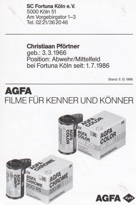 Autogramm Fussball | Fortuna Köln | 1986 | Christiaan PFÖRTNER