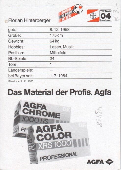Autogramm Fussball | Bayer Leverkusen | 1985 | Florian HINTERBERGER
