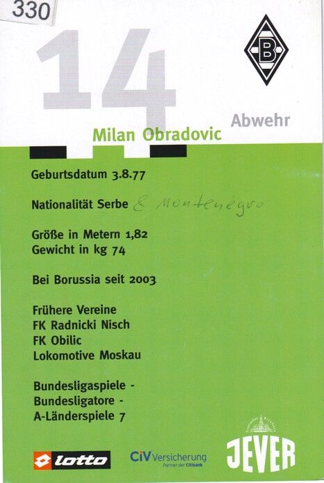 Autogramm Fussball | Borussia Mönchengladbach | 2003 | Milan OBRADOVIC