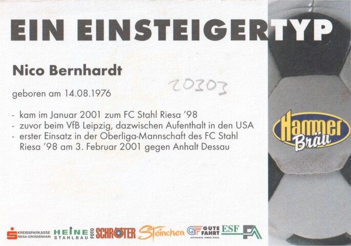 Autogramm Fussball | BSG Stahl Riesa | 2001 | Nico BERNHARDT