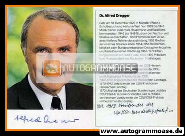 Autogramm Politik | CDU | Alfred DREGGER | 1980er (Portrait Color) 1 Lebenslauf