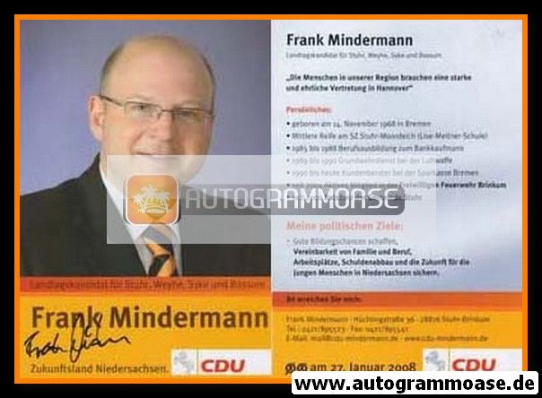 Autogramm Politik | CDU | Frank MINDERMANN | 2008 (Landtagswahl)