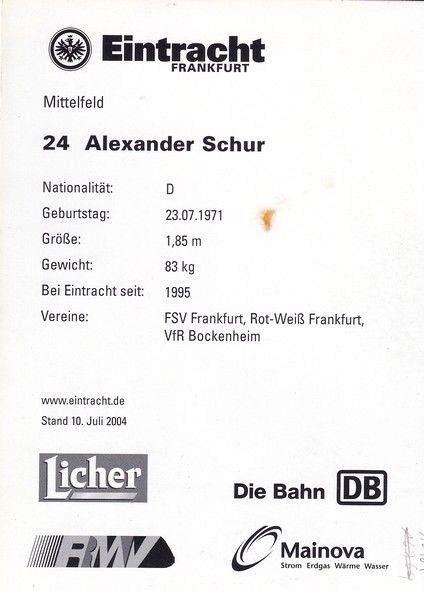 Autogramm Fussball | Eintracht Frankfurt | 2004 | Alexander SCHUR