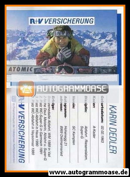 Autogramm Ski Alpin | Karin DEDLER | 1991 (R+V Querformat)