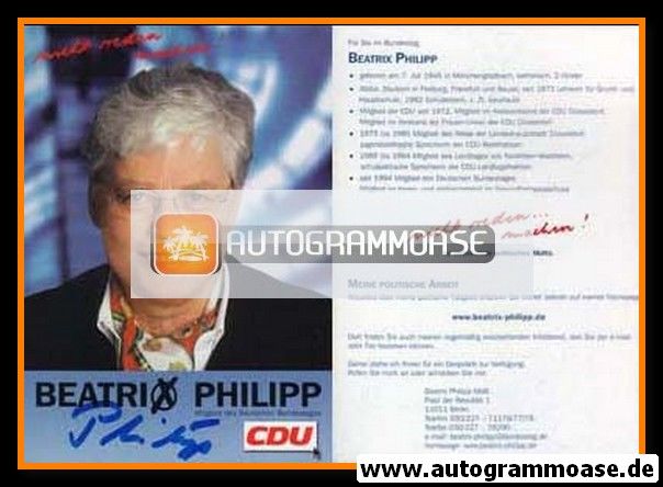 Autogramm Politik | CDU | Beatrix PHILIPP | 2000er (Portrait Color) Lebenslauf 2