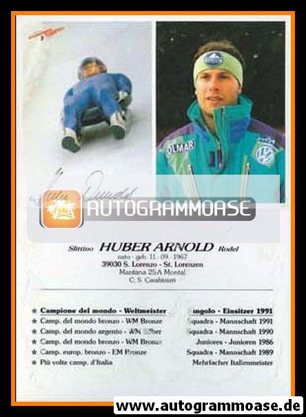 Autogramm Rodeln | Arnold HUBER | 1991 (Verkehrsverein St. Lorenzen)