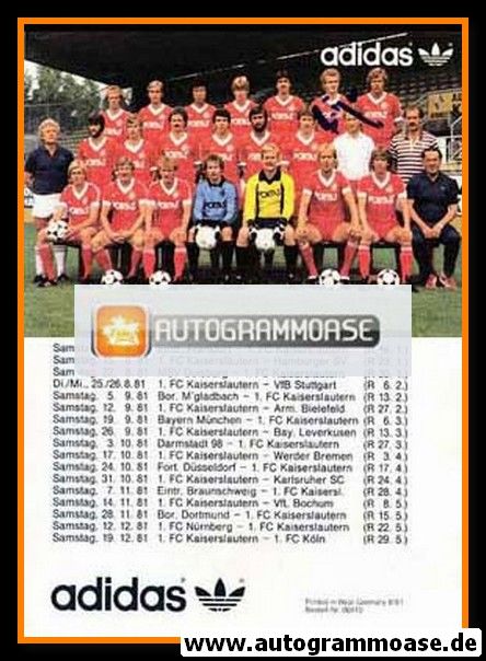 Mannschaftskarte Fussball | 1. FC Kaiserslautern | 1981 Adidas