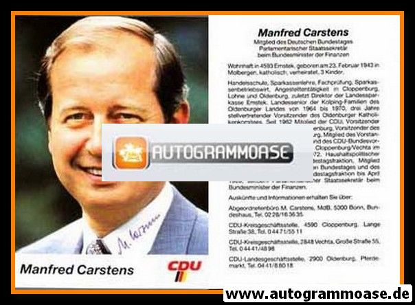 Autogramm Politik | CDU | Manfred CARSTENS | 1980er (Portrait Color)