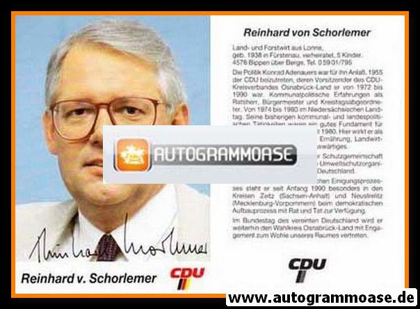 Autogramm Politik | CDU | Reinhard VON SCHORLEMER | 1990er (Portrait Color)