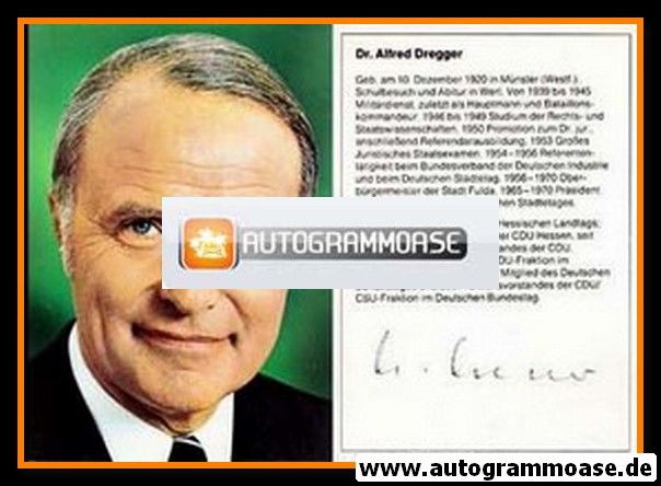 Autogramm Politik | CDU | Alfred DREGGER | 1980er (Portrait Color) 2 Lebenslauf