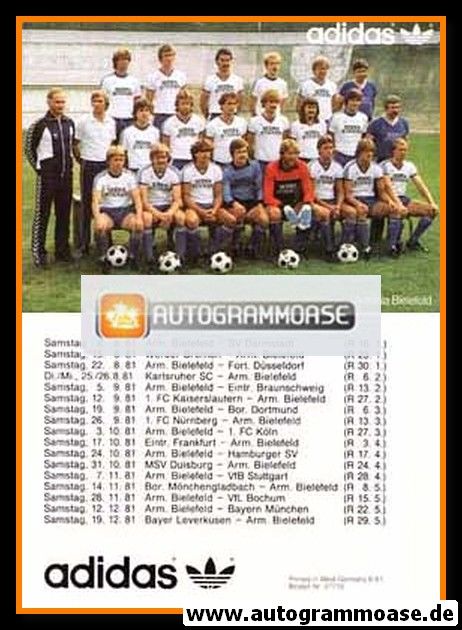Mannschaftskarte Fussball | DSC Arminia Bielefeld | 1981 Adidas