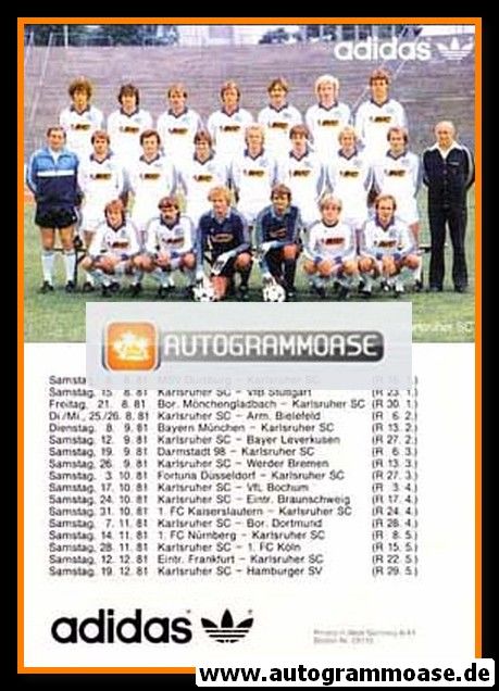 Mannschaftskarte Fussball | Karlsruher SC | 1981 Adidas