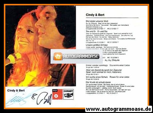 Autogramme Schlager | CINDY & BERT | 1975 "Die Musik Ist Schuld Daran" (BASF)