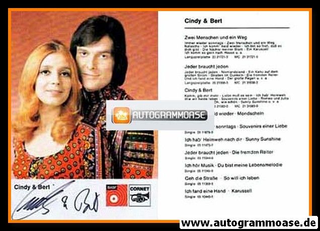 Autogramme Schlager | CINDY & BERT | 1973 "Zwei Menschen Und Ein Weg" (BASF)