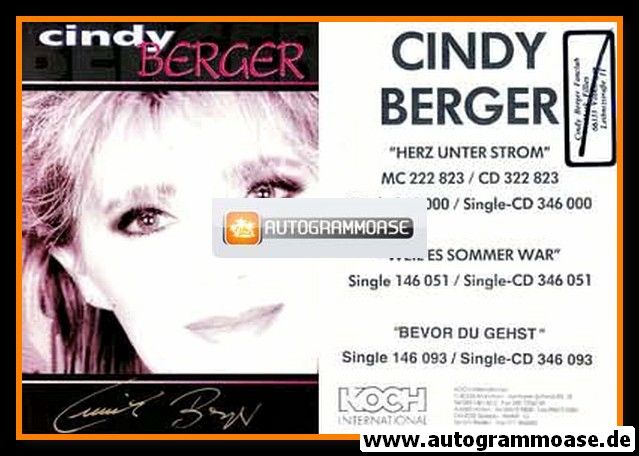 Autogramm Schlager | Cindy BERGER | 1992 "Herz Unter Strom" (Koch)
