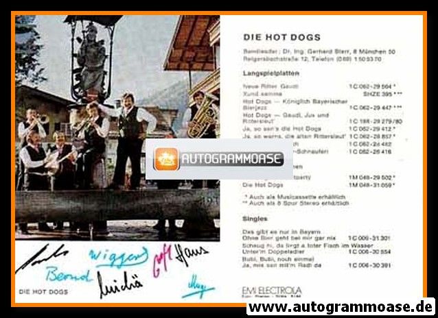 Autogramme Volksmusik | DIE HOT DOGS | 1974 "Neue Ritter Gaudi" Druck