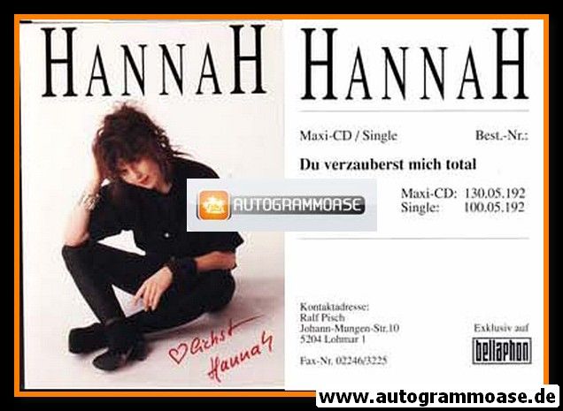 Autogramm Schlager | HANNAH | 1992 "Du Verzauberst Mich Total"