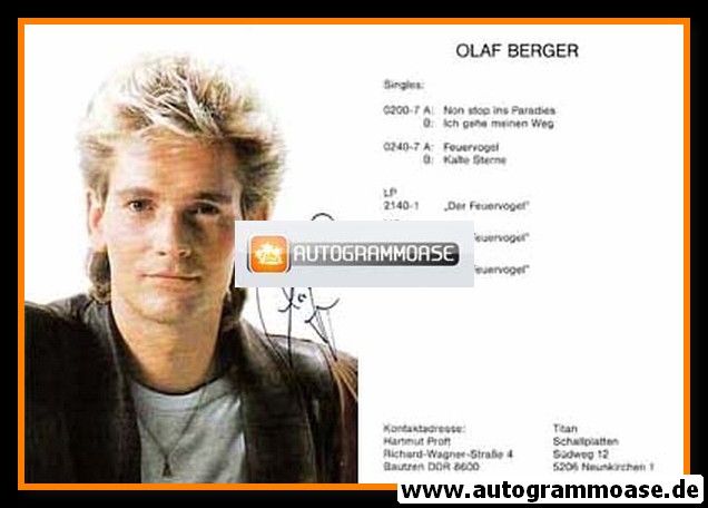 Autogramm Schlager | Olaf BERGER | 1990 "Feuervogel" (Portrait Color Titan)