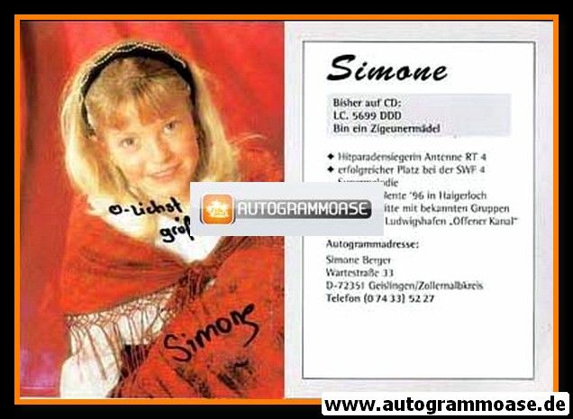 Autogramm Kindermusik | SIMONE | 1996 "Bin Ein Zigeunermädel"