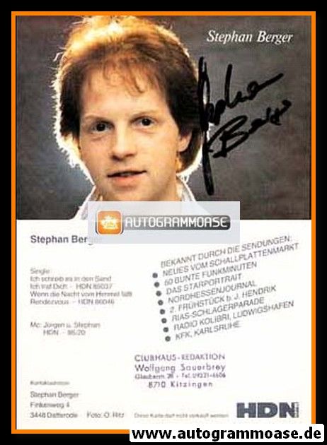 Autogramm Schlager | Stephan BERGER | 1986 "Wenn Die Nacht Vom Himmel Fällt"