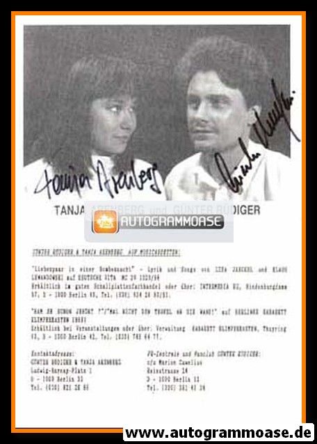Autogramme Schlager | Tanja ARENBERG + Günter RÜDIGER | 1980er (Portrait SW)