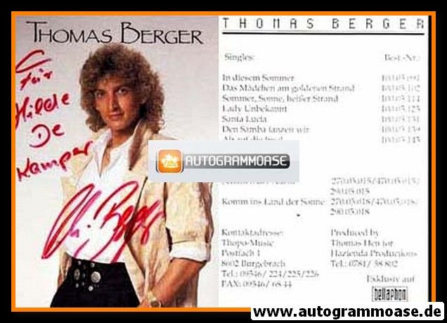 Autogramm Schlager | Thomas BERGER | 1989 "Komm Ins Land Der Sonne"