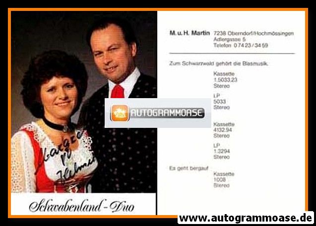 Autogramme Volksmusik | SCHWABENLAND-DUO | 1979 "Zum Schwarzwald Gehört Die Blasmusik"