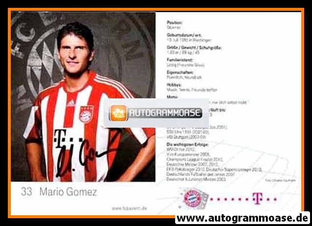 Autogramm Fussball | FC Bayern München | 2010 Mini Druck | Mario GOMEZ