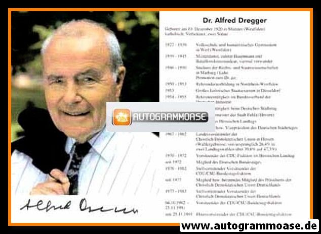Autogramm Politik | CDU | Alfred DREGGER | 1990er (Portrait Color) Lebenslauf