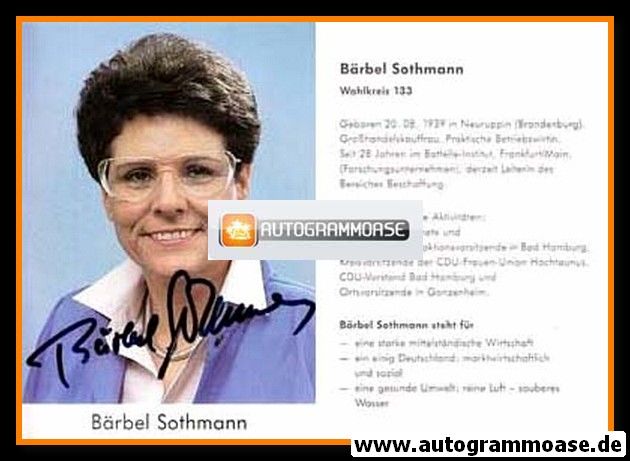 Autogramm Politik | CDU | Bärbel SOTHMANN | 1990er (Portrait Color) Lebenslauf