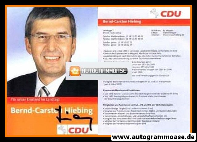 Autogramm Politik | CDU | Bernd-Carsten HIEBING | 2010er (Lebenslauf) 1