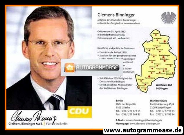 Autogramm Politik | CDU | Clemens BINNINGER | 2000er ("Für Sie In Berlin") 2