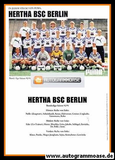 Mannschaftskarte Fussball | Hertha BSC Berlin | 1990 Puma
