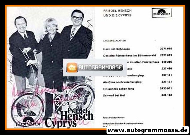 Autogramme Schlager | FRIEDEL HENSCH UND DIE CYPRYS | 1970 "Herz Mit Schnauze"