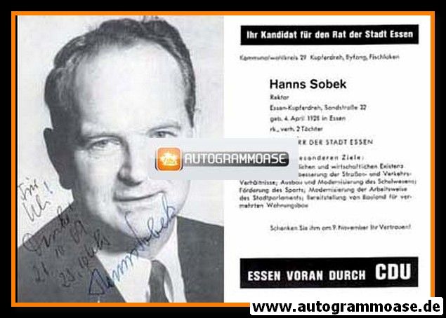 Autogramm Politik | CDU | Hanns SOBEK | 1970er (Wahl OB Essen)