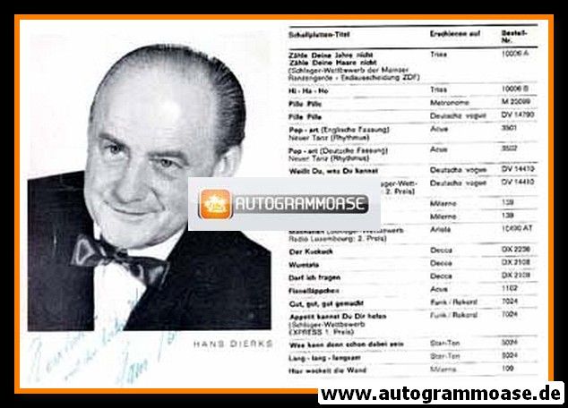 Autogramm Schlager | Hans DIERKS | 1970er (Portrait SW) Discographie