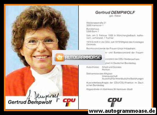 Autogramm Politik | CDU | Gertrud DEMPWOLF | 1980er (Portrait Color) Lebenslauf