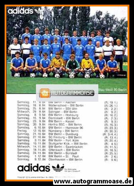 Mannschaftskarte Fussball | Blau-Weiss 90 Berlin | 1984 Adidas