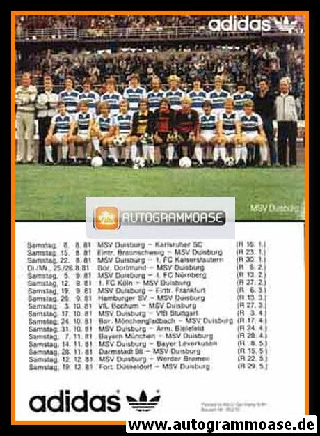 Mannschaftskarte Fussball | MSV Duisburg | 1981 Adidas