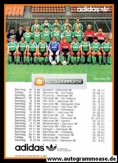 Mannschaftskarte Fussball | Hannover 96 | 1984 Adidas