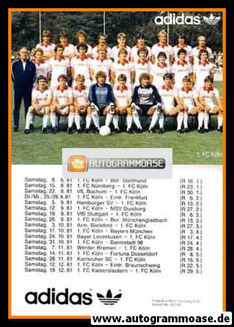Mannschaftskarte Fussball | 1. FC Köln | 1981 Adidas