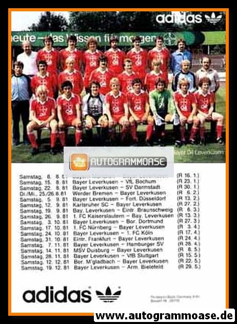 Mannschaftskarte Fussball | Bayer Leverkusen | 1981 Adidas