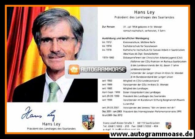 Autogramm Politik | CDU | Hans LEY | 2010er (Lebenslauf)