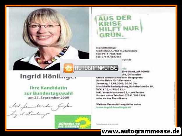 Autogramm Politik | GRÜNE | Ingrid HÖNLINGER | 2009 (Bundestagswahl)