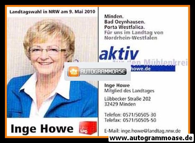 Autogramm Politik | SPD | Inge HOWE | 2010 (Landtagswahl)