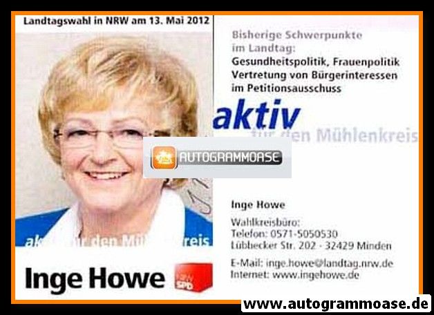 Autogramm Politik | SPD | Inge HOWE | 2012 (Landtagswahl)