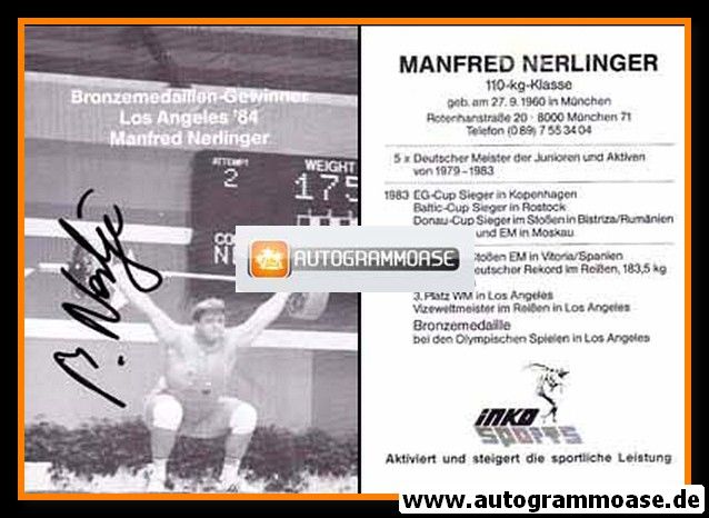 Autogramm Gewichtheben | Manfred NERLINGER | 1984 (Portrait SW) OS-Silber