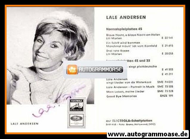 Autogramm Schlager | Lale ANDERSEN | 1951 "Blaue Nacht Am Hafen" (Electrola)